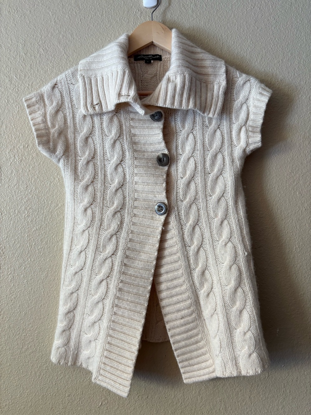 Eddie Bauer Women's S Merino Wool Cable Knit Long Sweater Vest Cream Button Up